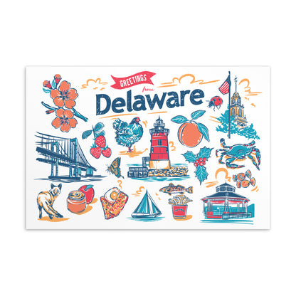 A Delaware-themed art print or postcard featuring colorful hand-drawn illustrations of local landmarks, food, flowers, and symbols, with the word 'Delaware' and 'Greetings' at the top, shown on a white background.