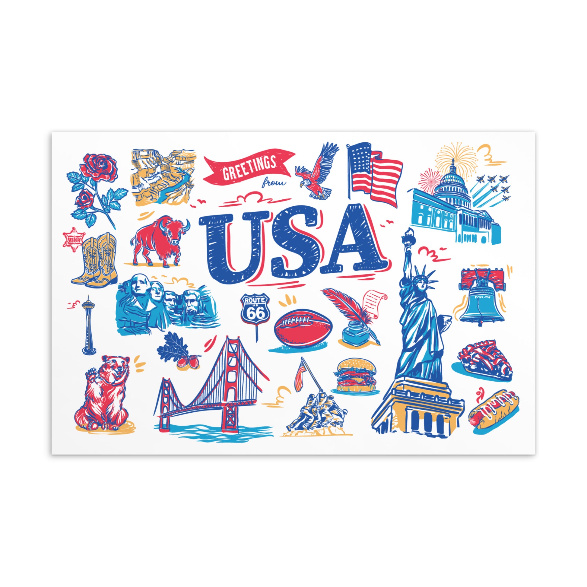 A rectangular white art print featuring colorful hand-drawn USA-themed illustrations, including the Statue of Liberty, Golden Gate Bridge, American flag, cowboy boots, hot dog, and the word USA in large blue letters.