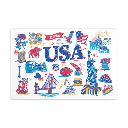 A rectangular white art print featuring colorful hand-drawn USA-themed illustrations, including the Statue of Liberty, Golden Gate Bridge, American flag, cowboy boots, hot dog, and the word USA in large blue letters.